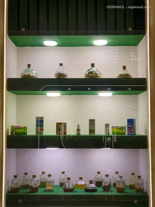 Lit cabinet displaying herbal medicine boxes and glass specimen jars