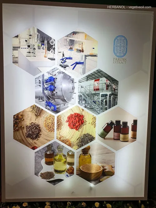 Pardis Extract lightbox with hexagonal photos of labs, herbs, oils