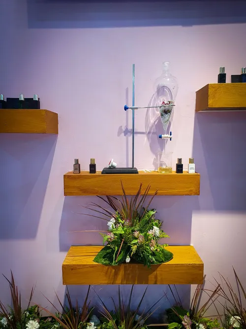 Wooden wall shelves with perfume bottles, lab funnel, and flowers