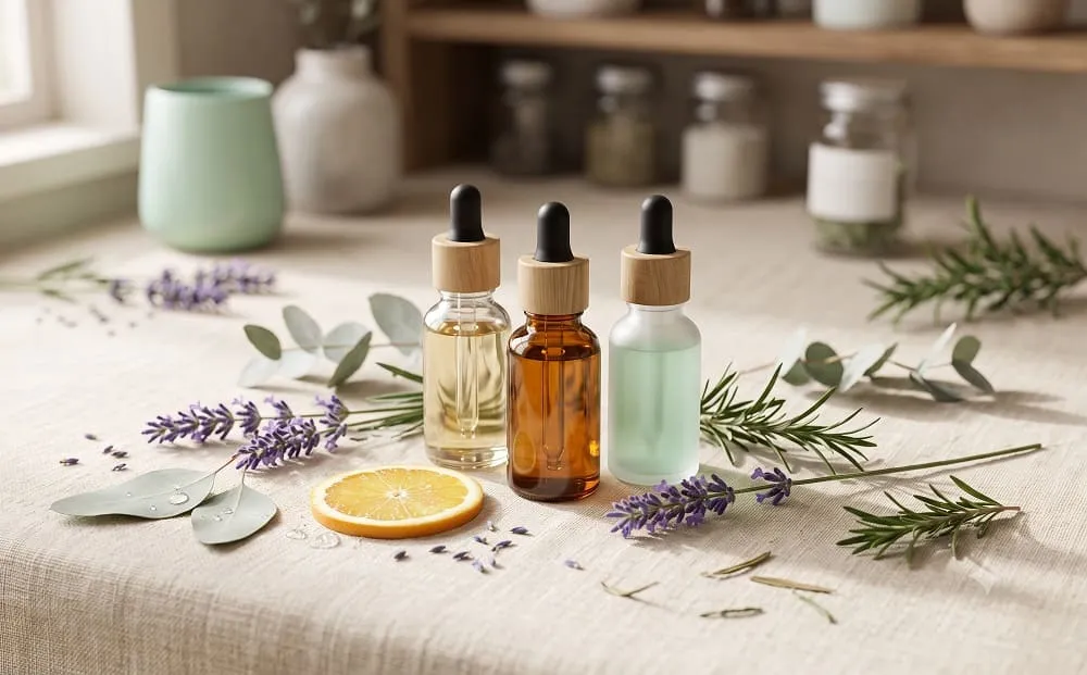Three dropper bottles of essential oil among lavender, rosemary, eucalyptus, and an orange slice