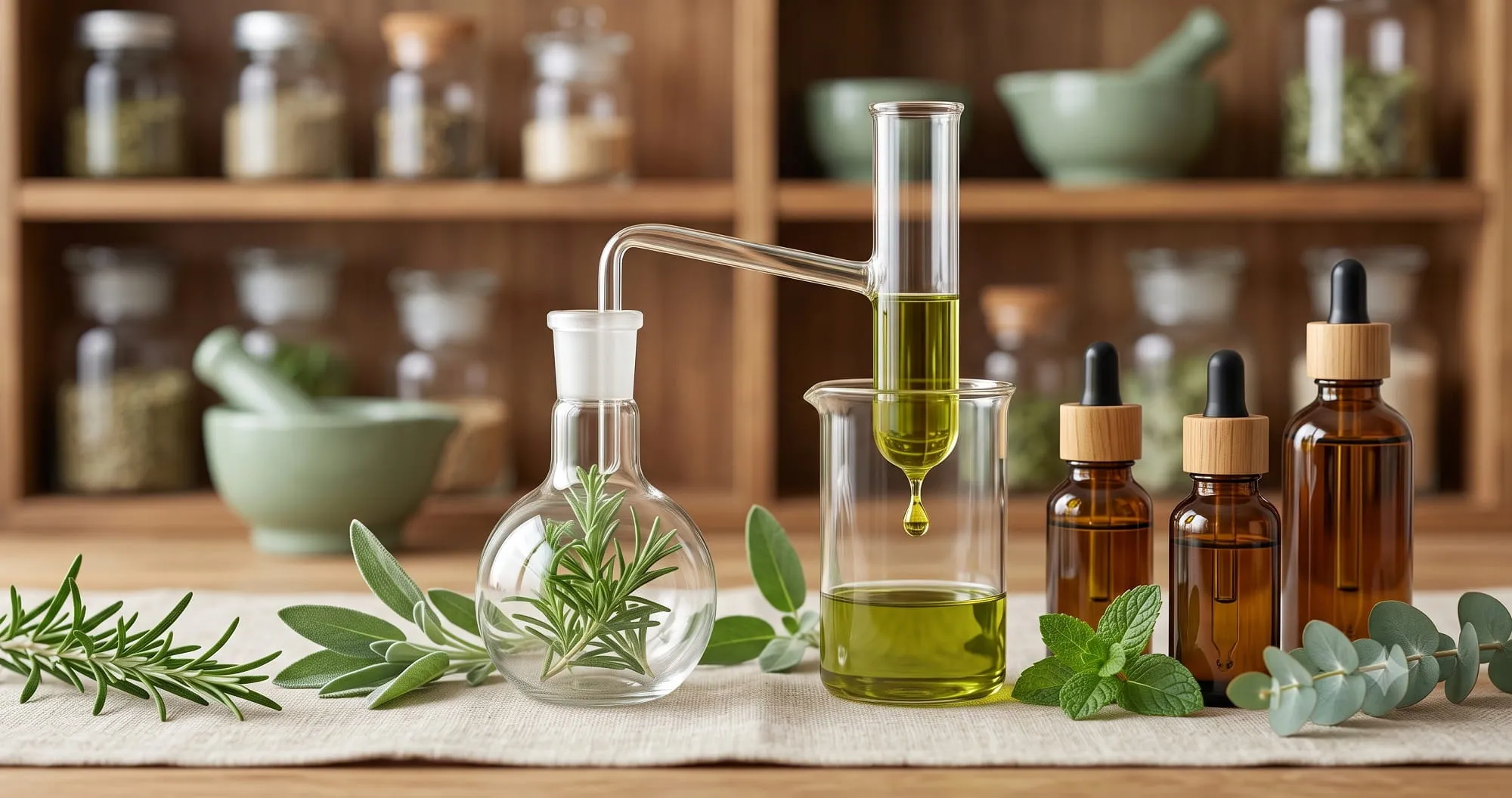 Glass distillation apparatus extracting golden oil from a rosemary sprig into a beaker, with amber dropper bottles and fresh herbs on linen