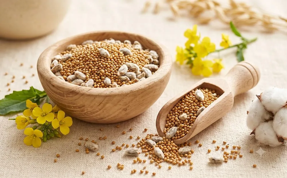 Wooden bowl and scoop of golden oilseeds with rapeseed flowers and a cotton boll