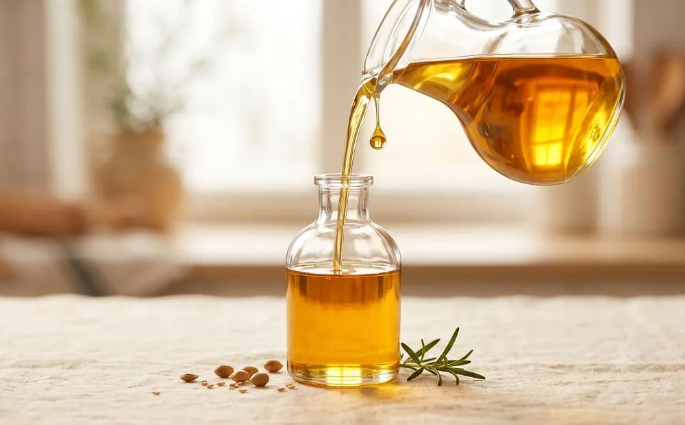 Golden vegetable oil poured from a glass carafe into a bottle beside a rosemary sprig